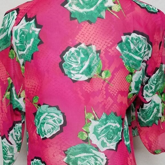 LULAROE Pink Green Mix Print Fringe Kaftan Kimono - Picture 9 of 12